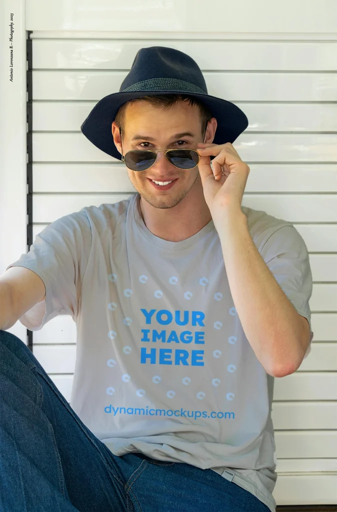 Man Wearing Light Gray T-shirt Mockup Front View Template