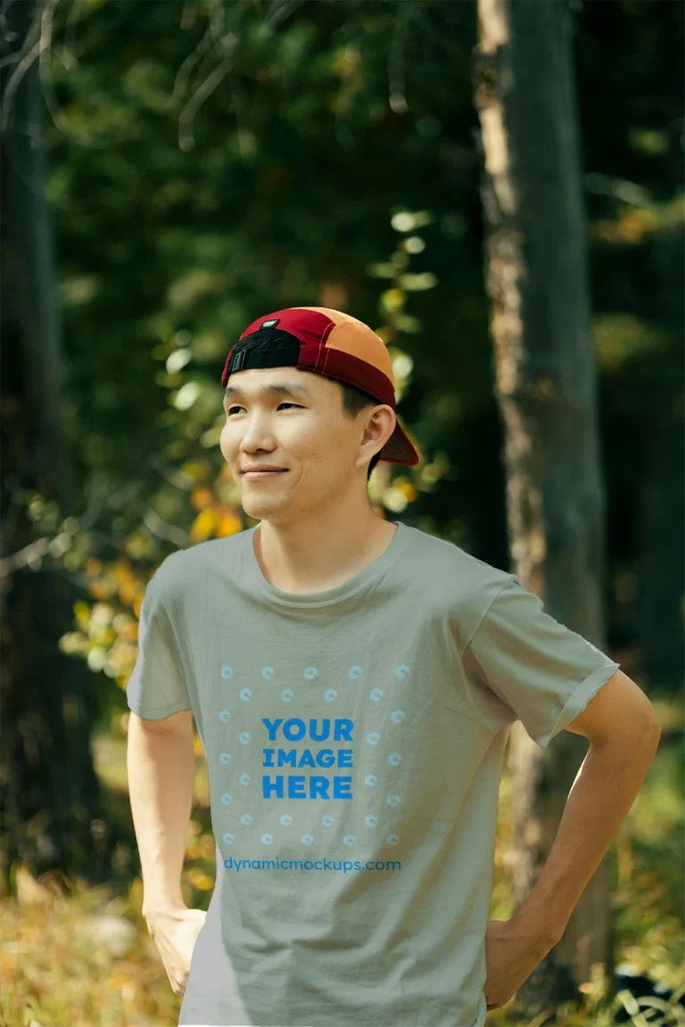 Man Wearing Light Gray T-shirt Mockup Front View Template