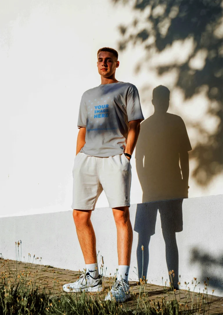 Man Wearing Light Gray T-shirt Mockup Front View Template