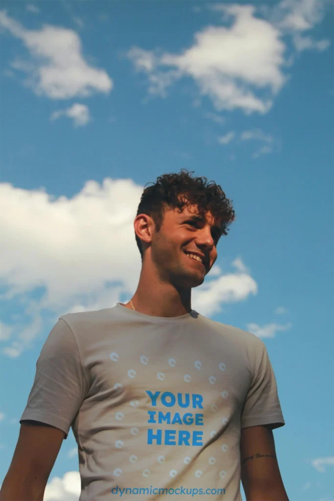 Man Wearing Light Gray T-shirt Mockup Front View Template