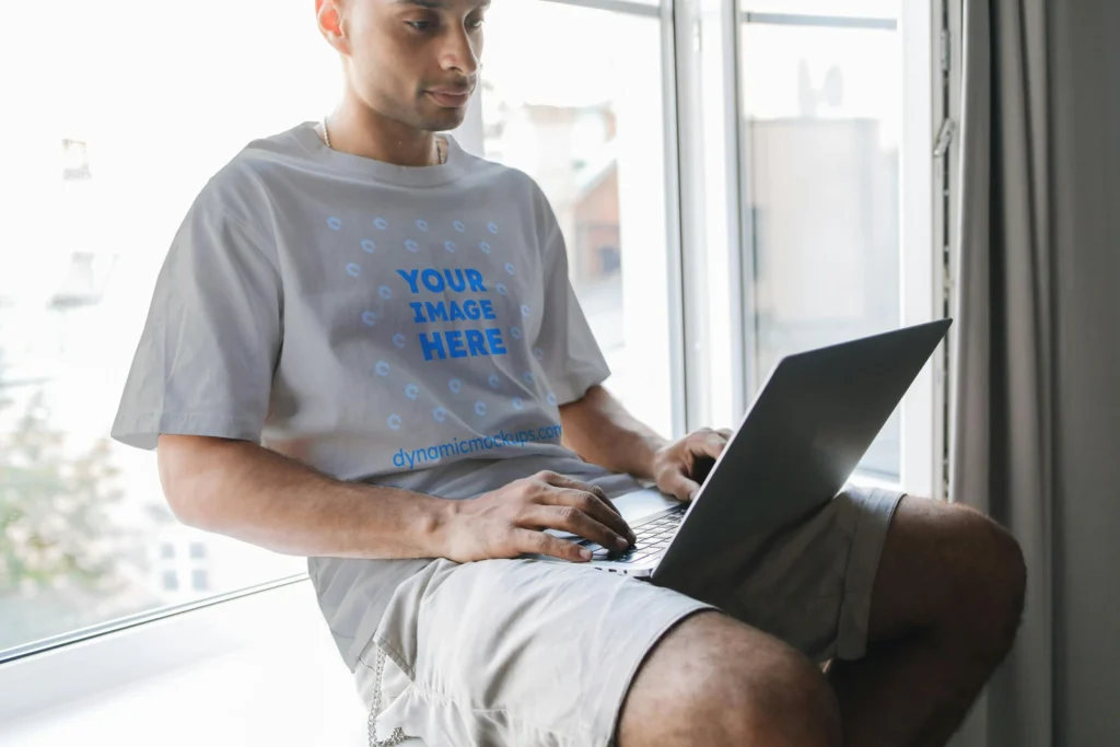 Man Wearing Light Gray T-shirt Mockup Front View Template