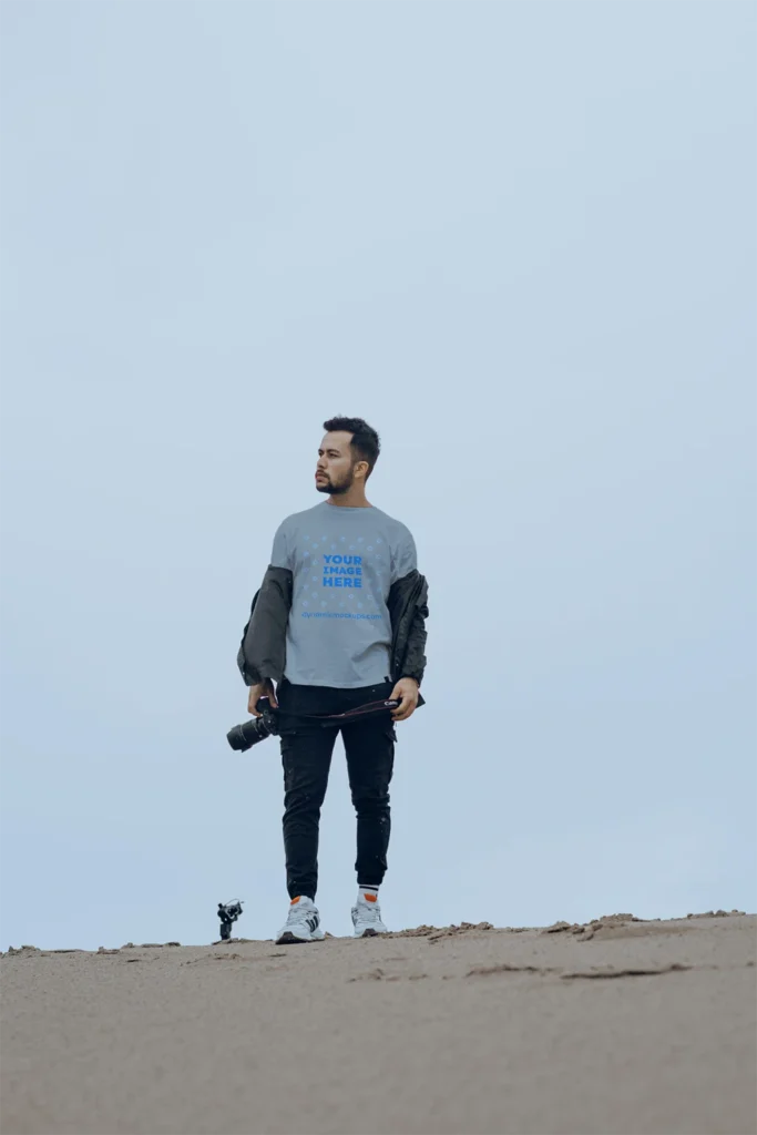 Man Wearing Light Gray T-shirt Mockup Front View Template