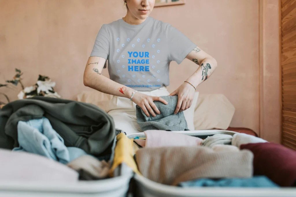 Man Wearing Light Gray T-shirt Mockup Front View Template