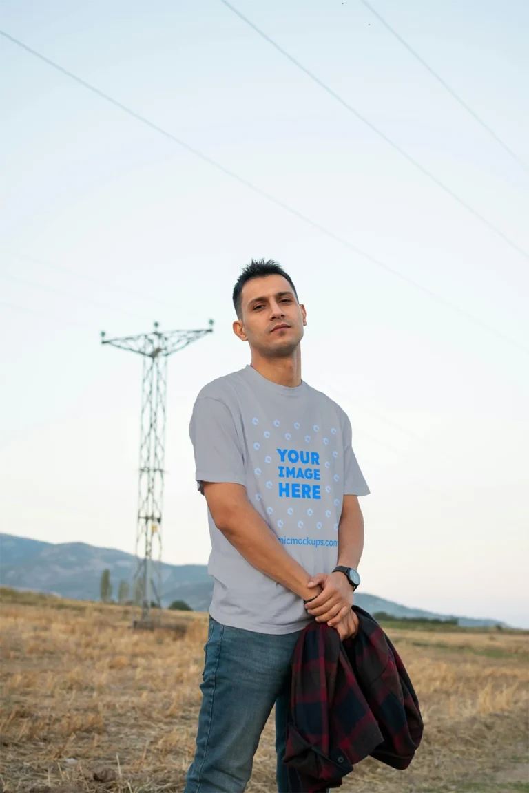 Man Wearing Light Gray T-shirt Mockup Front View Template