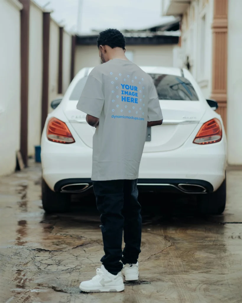 Man Wearing Light Gray T-shirt Mockup Back View Template