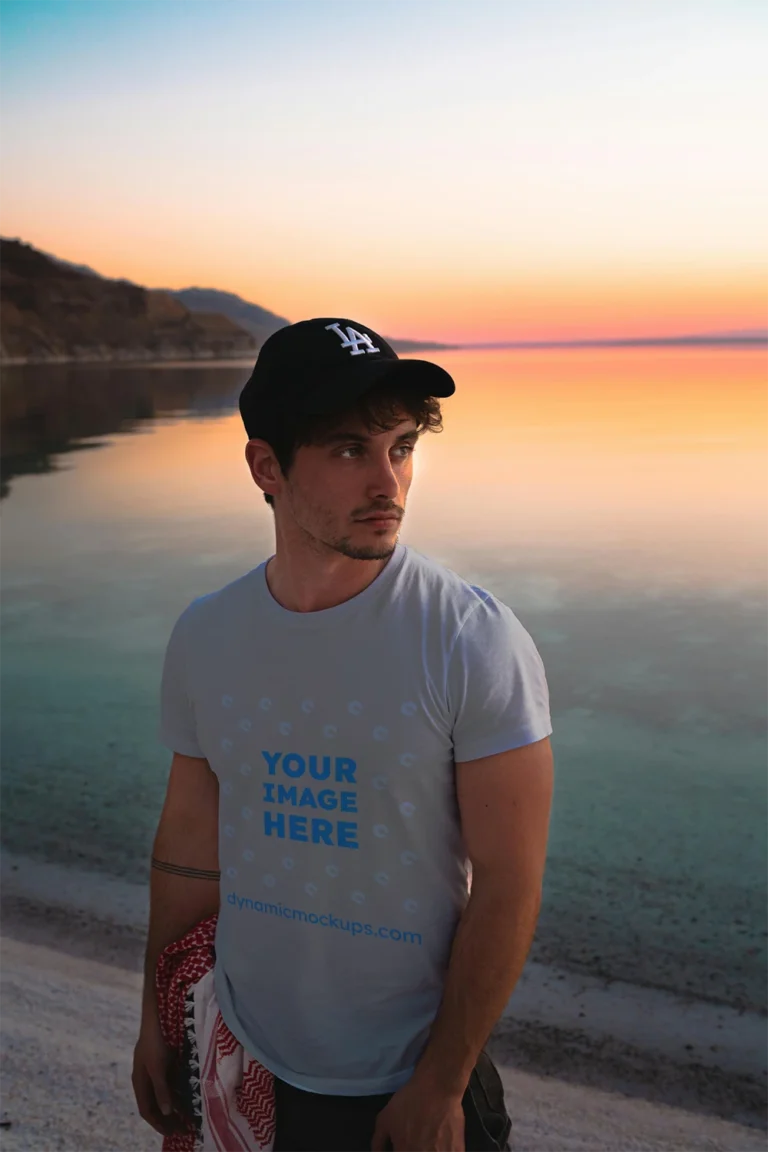 Man Wearing Light Gray T-shirt Mockup Front View Template