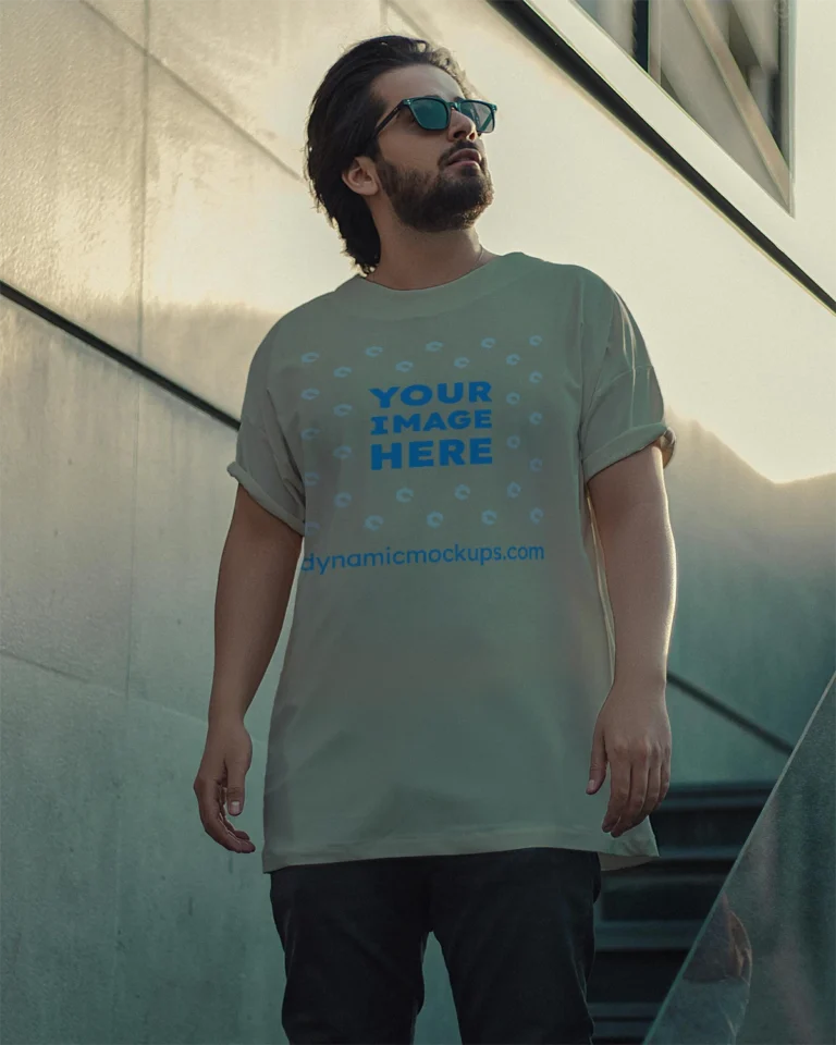 Man Wearing Light Gray T-shirt Mockup Front View Template