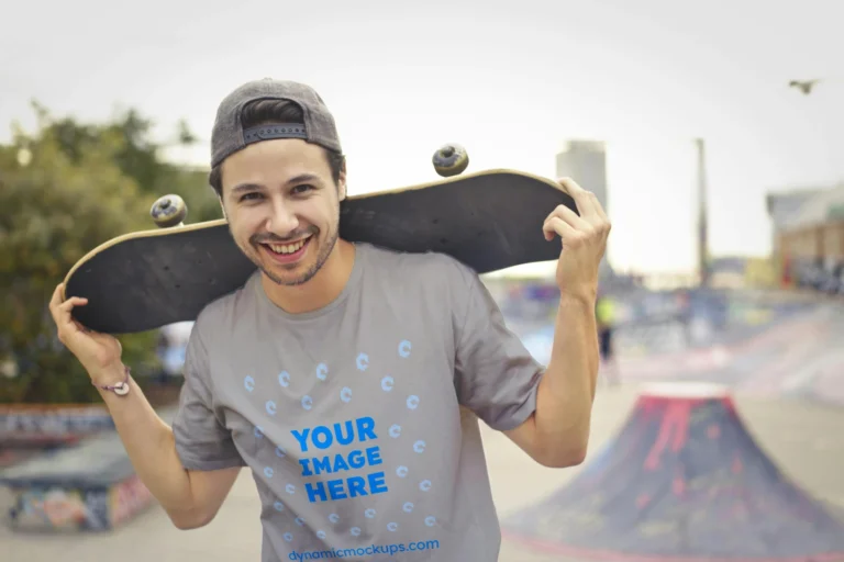 Man Wearing Light Gray T-shirt Mockup Front View Template