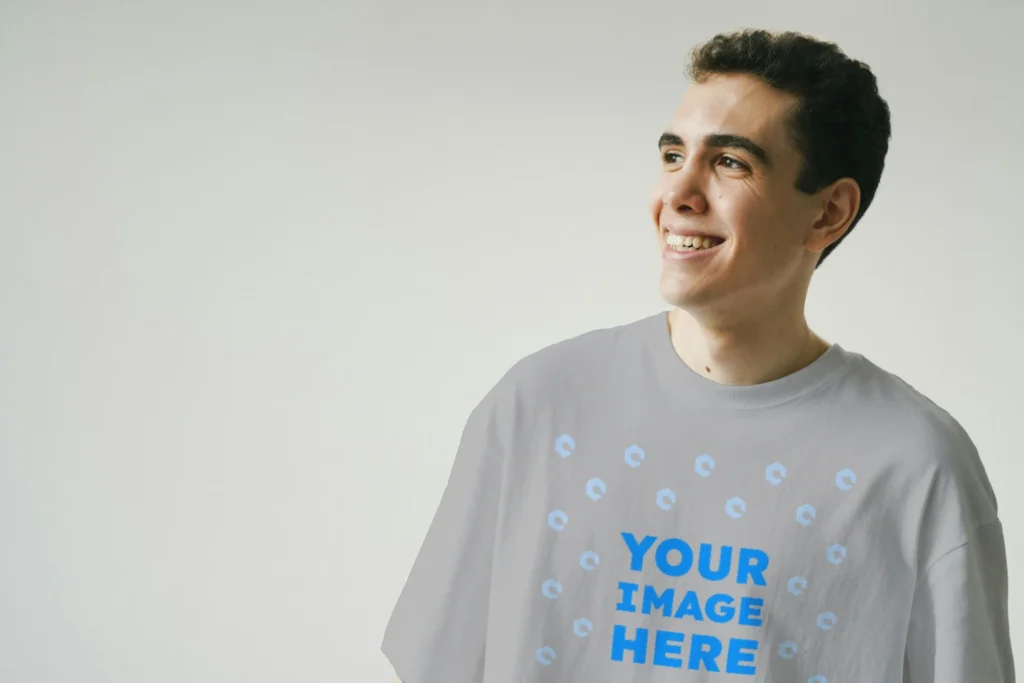 Man Wearing Light Gray T-shirt Mockup Front View Template