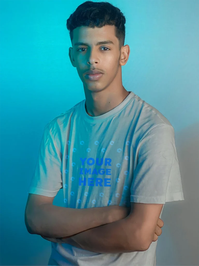 Man Wearing Light Gray T-shirt Mockup Front View Template