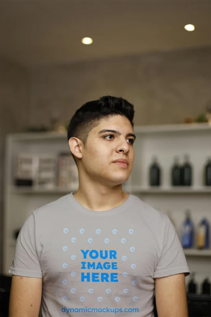 Man Wearing Light Gray T-shirt Mockup Front View Template