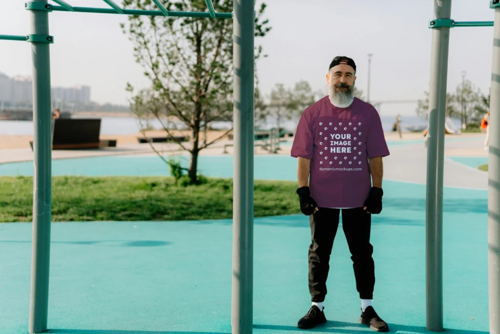 Man Wearing Maroon T-shirt Mockup Front View Template