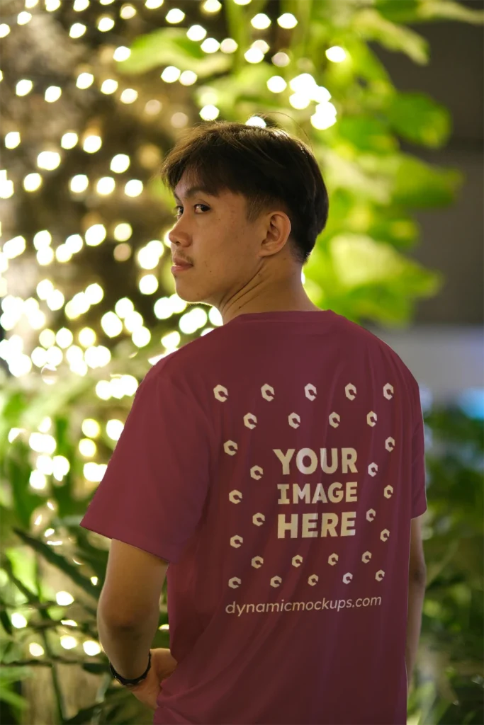 Man Wearing Maroon T-shirt Mockup Back View Template