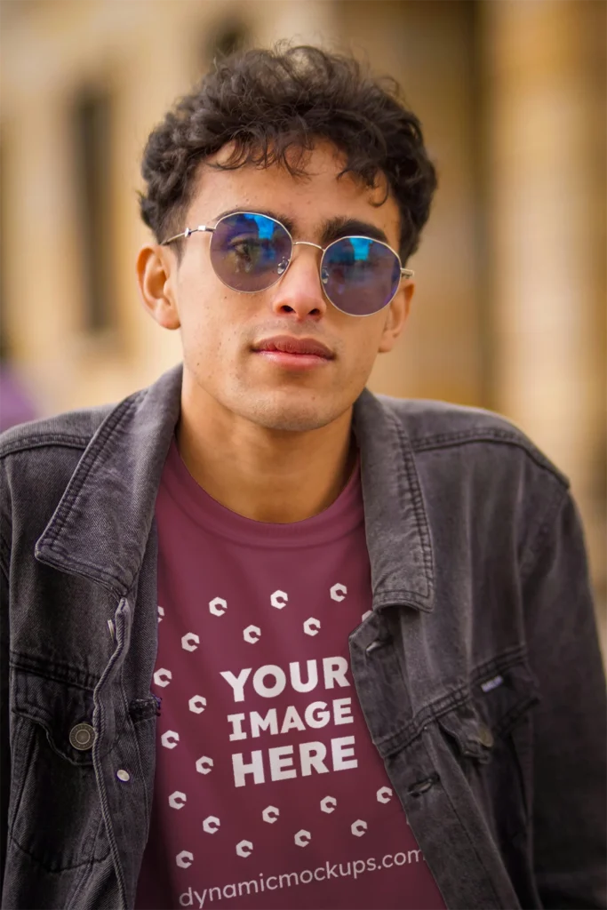 Man Wearing Maroon T-shirt Mockup Front View Template