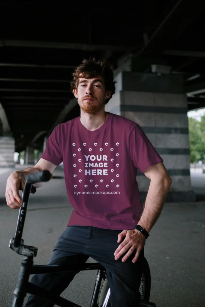 Man Wearing Maroon T-shirt Mockup Front View Template