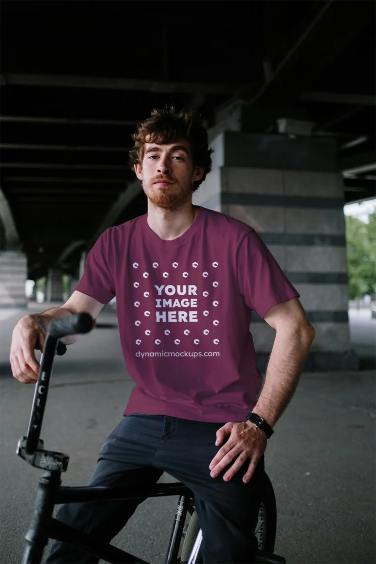 Man Wearing Maroon T-shirt Mockup Front View Template