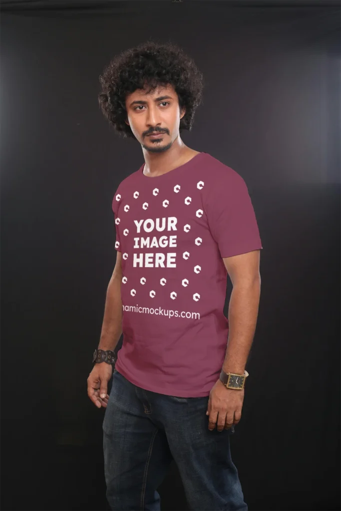 Man Wearing Maroon T-shirt Mockup Front View Template