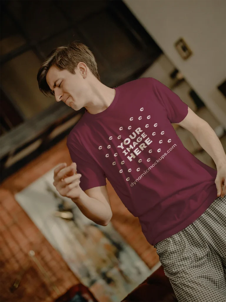 Man Wearing Maroon T-shirt Mockup Front View Template