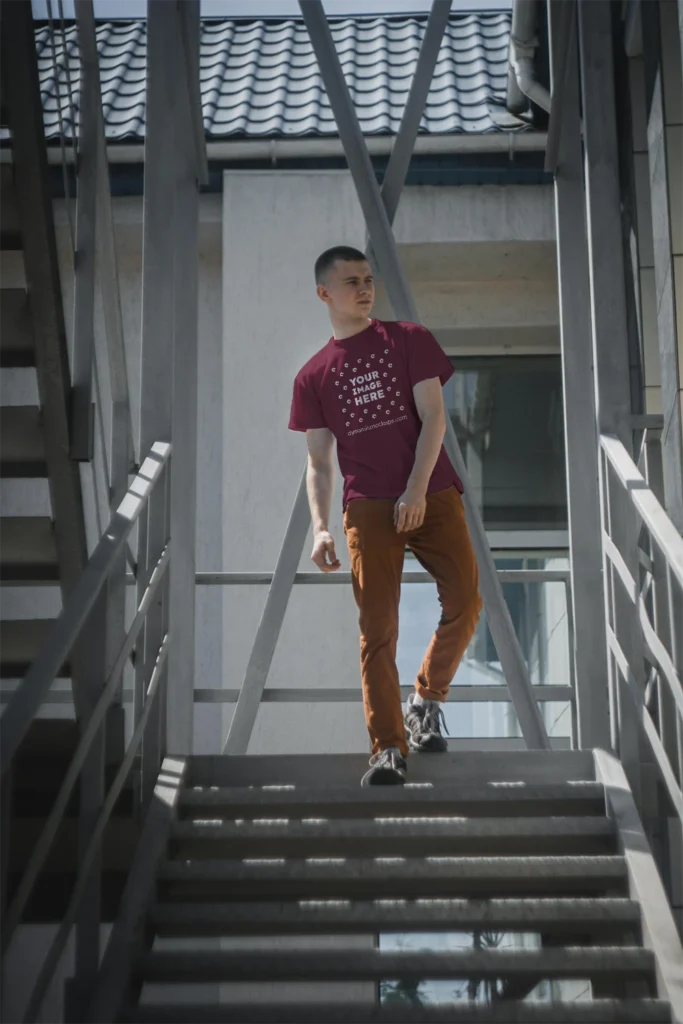 Man Wearing Maroon T-shirt Mockup Front View Template