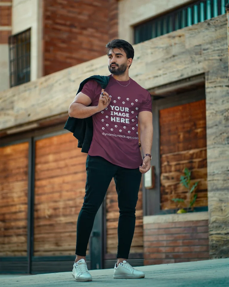 Man Wearing Maroon T-shirt Mockup Front View Template