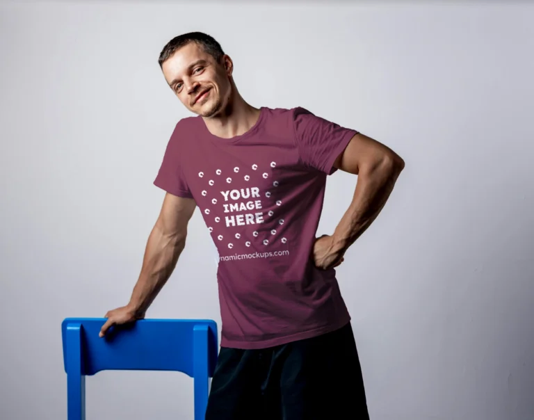 Man Wearing Maroon T-shirt Mockup Front View Template