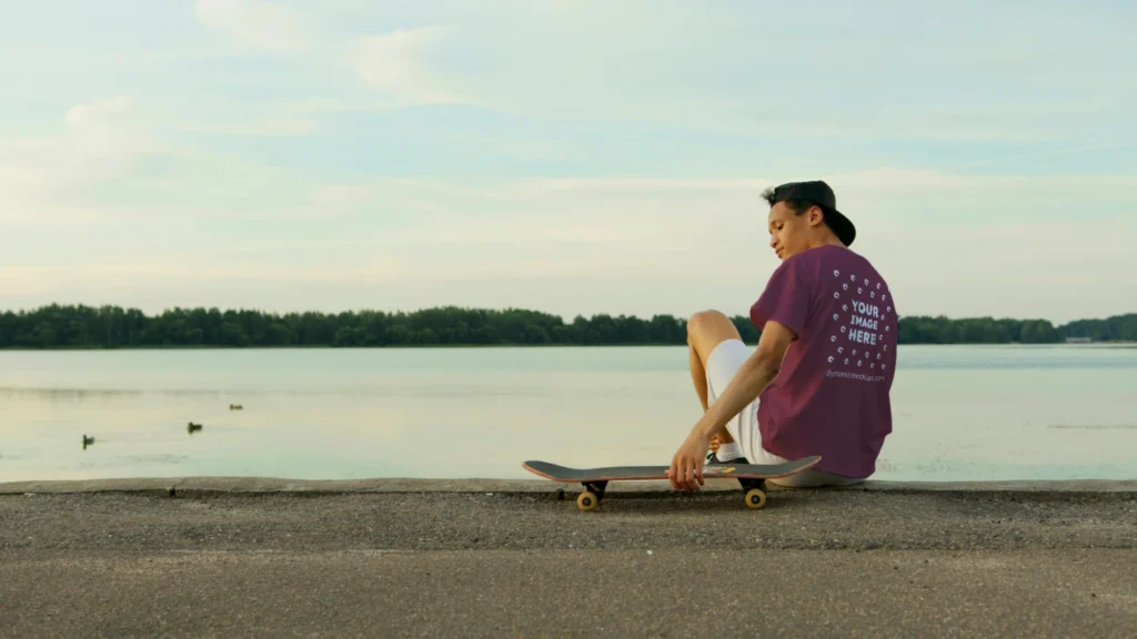 Man Wearing Maroon T-shirt Mockup Front View Template