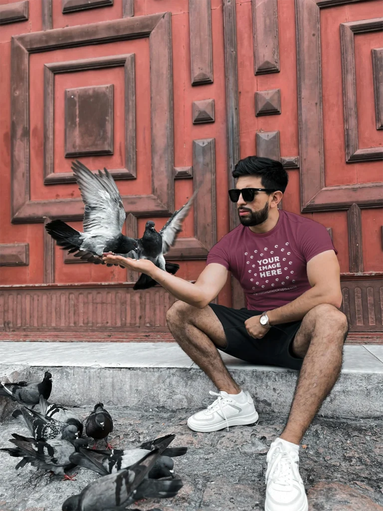 Man Wearing Maroon T-shirt Mockup Front View Template