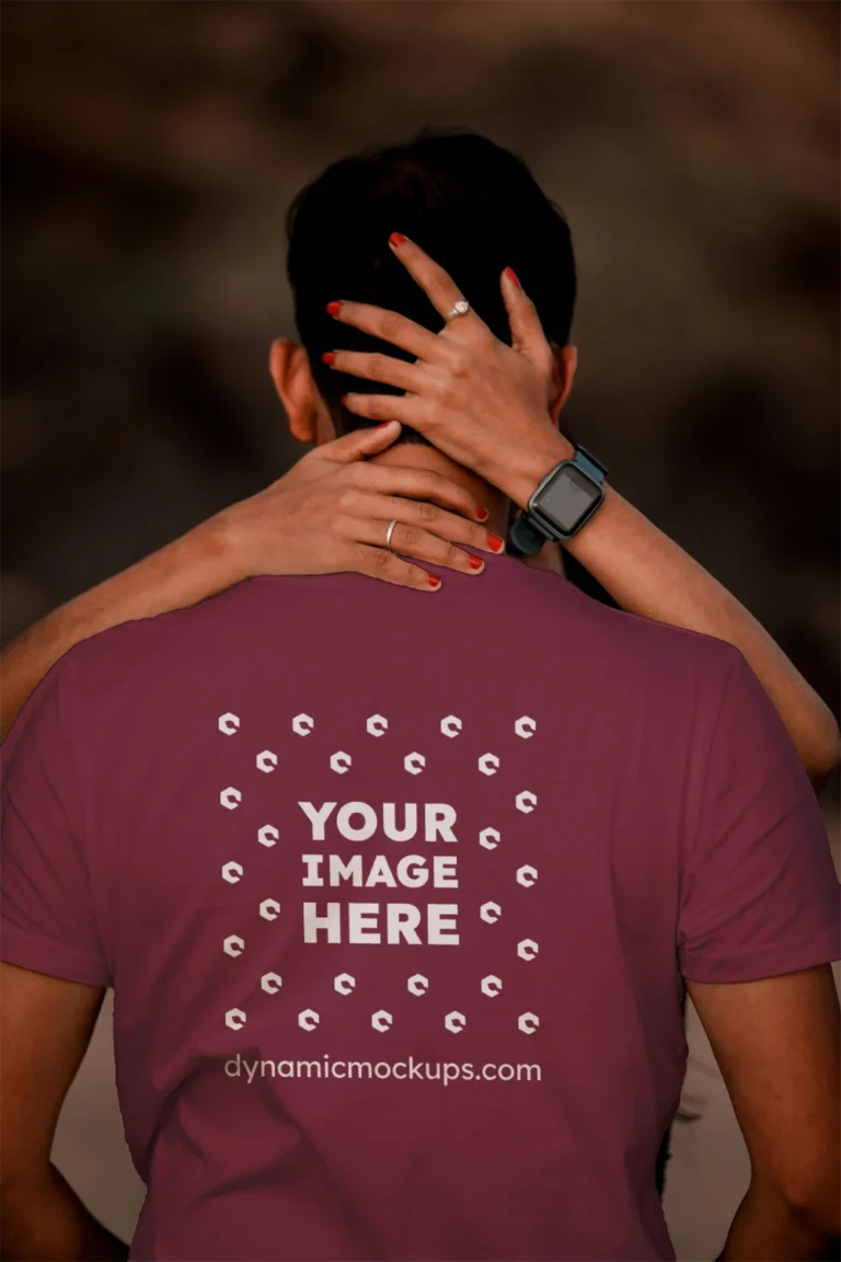 Man Wearing Maroon T-shirt Mockup Front View Template