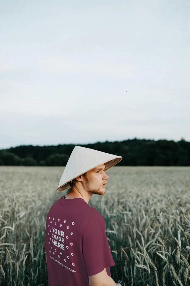 Man Wearing Maroon T-shirt Mockup Front View Template