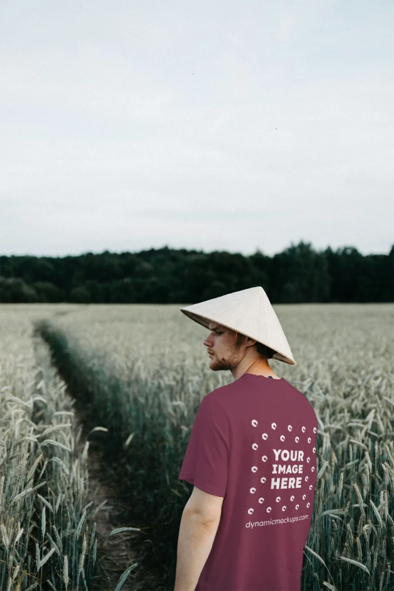 Man Wearing Maroon T-shirt Mockup Front View Template