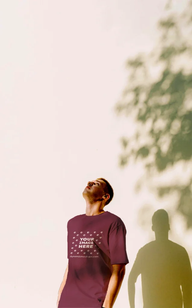 Man Wearing Maroon T-shirt Mockup Front View Template