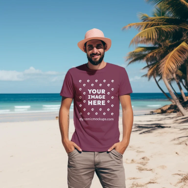 Man Wearing Maroon T-shirt Mockup Front View Template