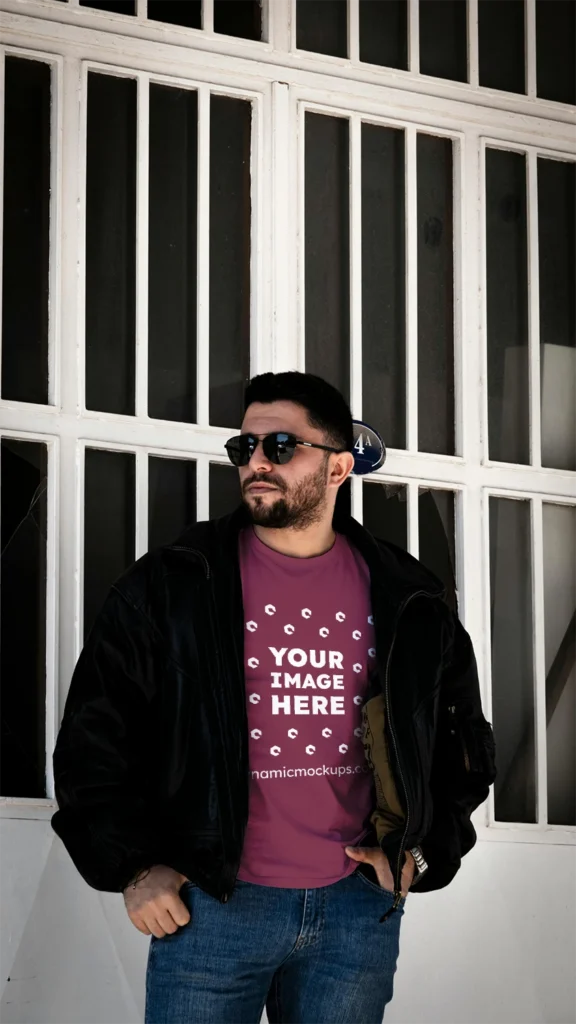 Man Wearing Maroon T-shirt Mockup Front View Template