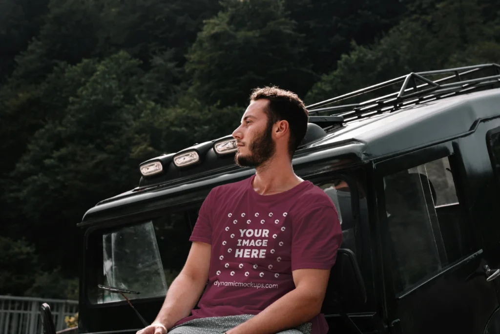 Man Wearing Maroon T-shirt Mockup Front View Template