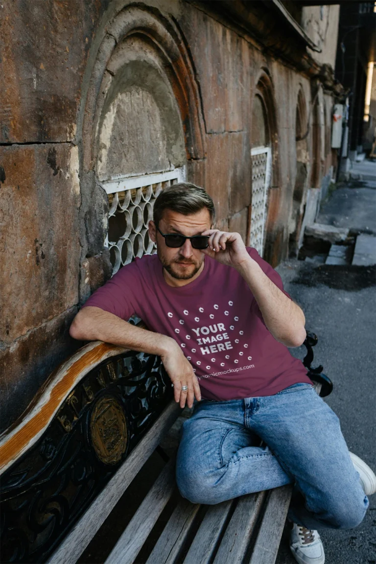 Man Wearing Maroon T-shirt Mockup Front View Template