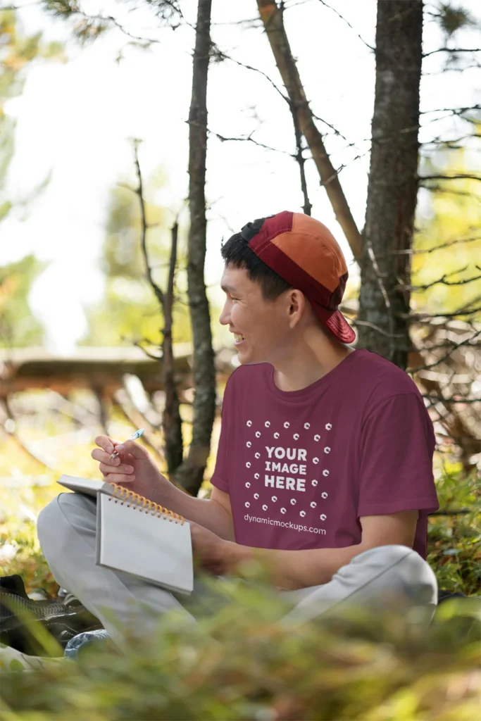 Man Wearing Maroon T-shirt Mockup Front View Template