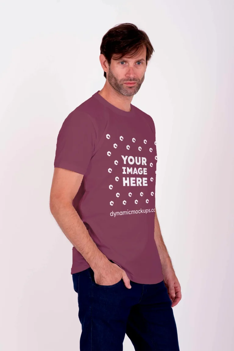 Man Wearing Maroon T-shirt Mockup Side View Template