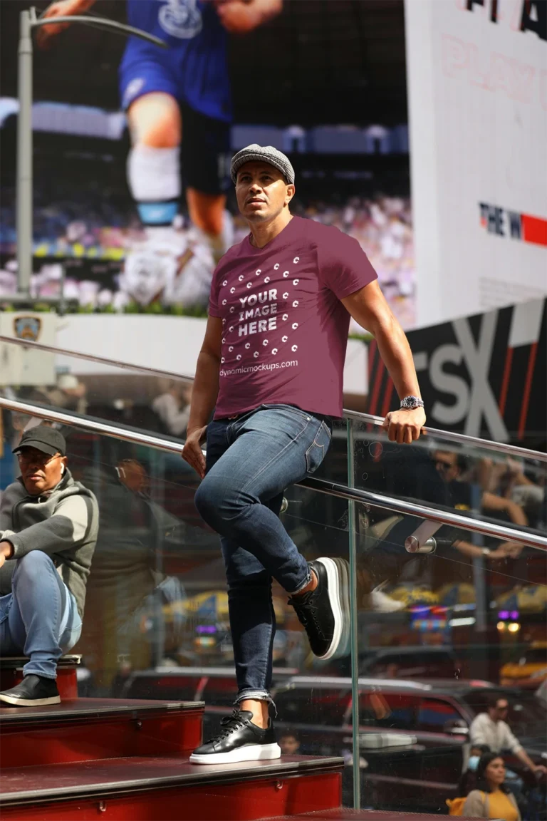 Man Wearing Maroon T-shirt Mockup Front View Template