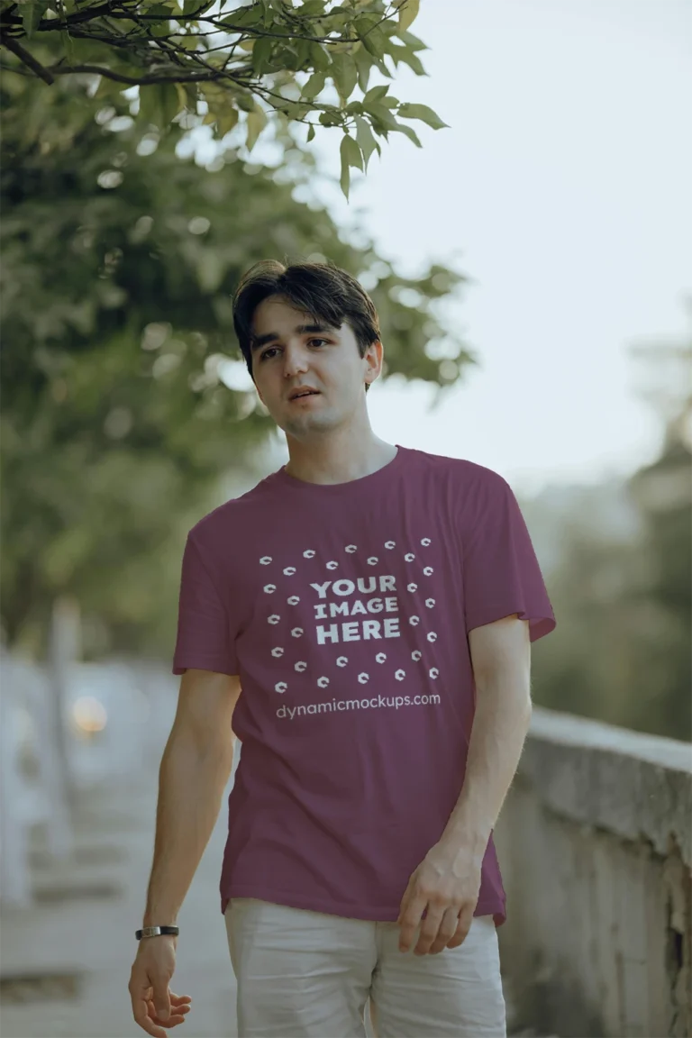 Man Wearing Maroon T-shirt Mockup Front View Template