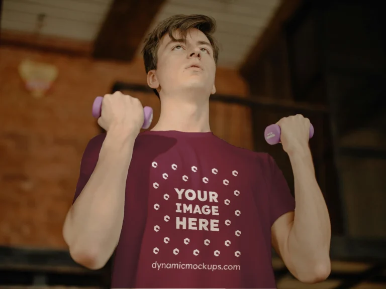 Man Wearing Maroon T-shirt Mockup Front View Template