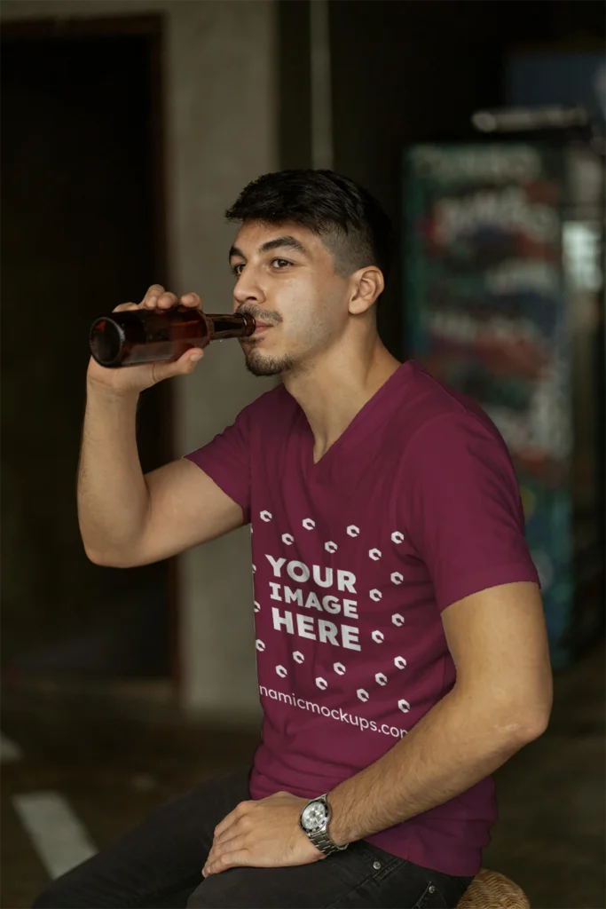 Man Wearing Maroon T-shirt Mockup Side View Template