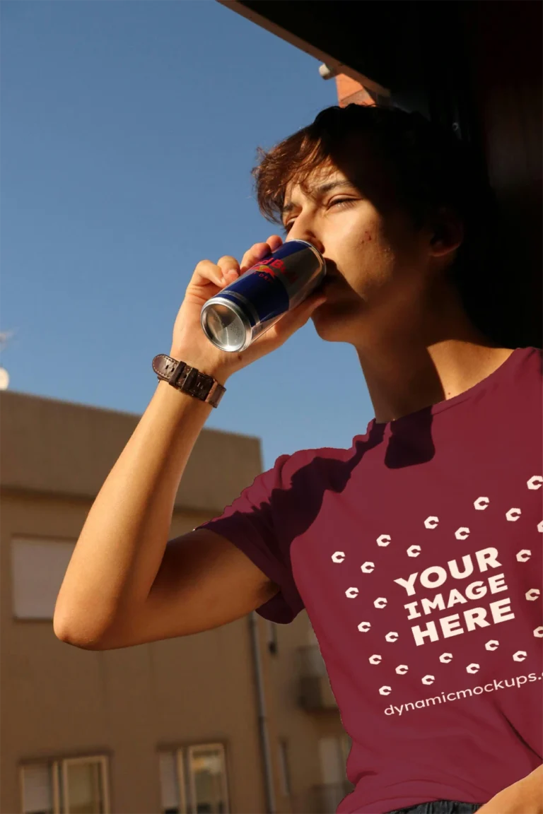 Man Wearing Maroon T-shirt Mockup Front View Template