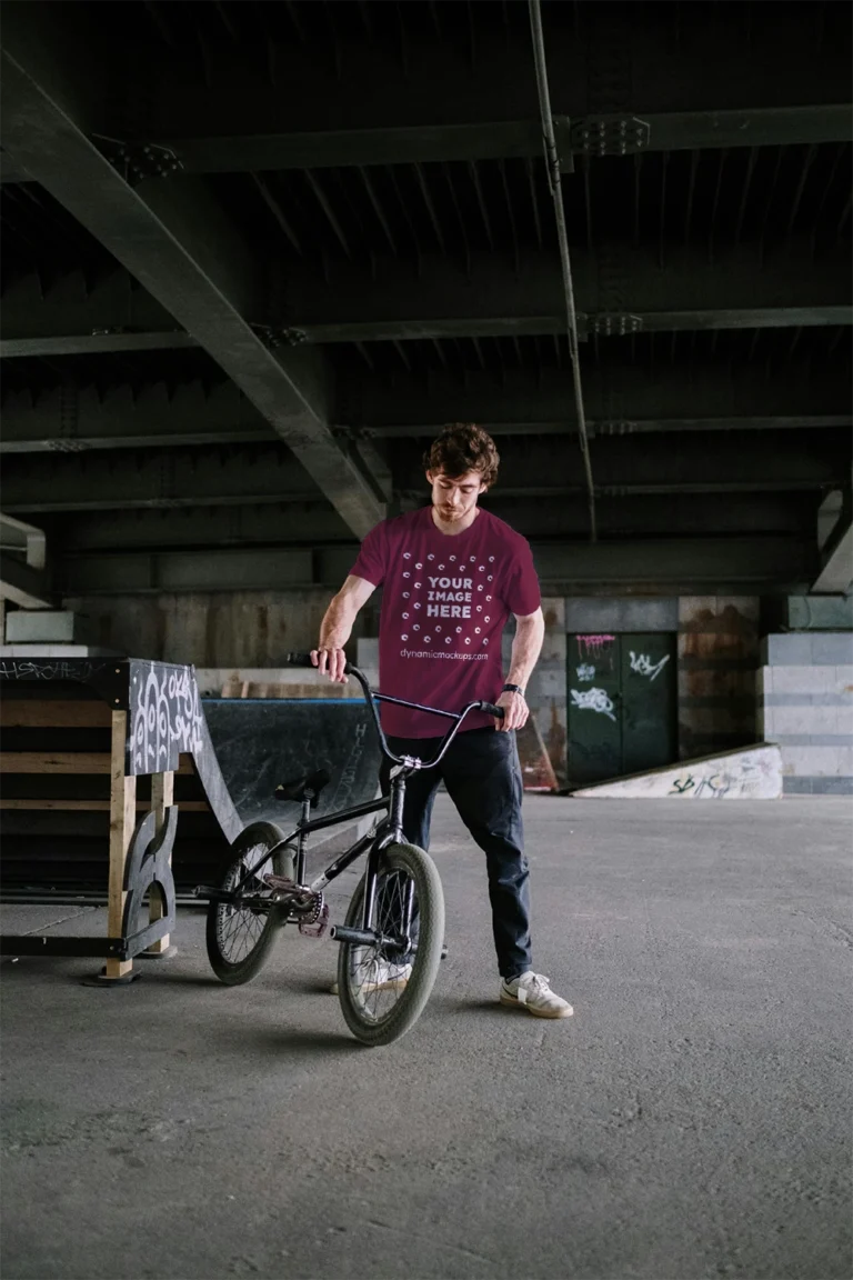 Man Wearing Maroon T-shirt Mockup Front View Template