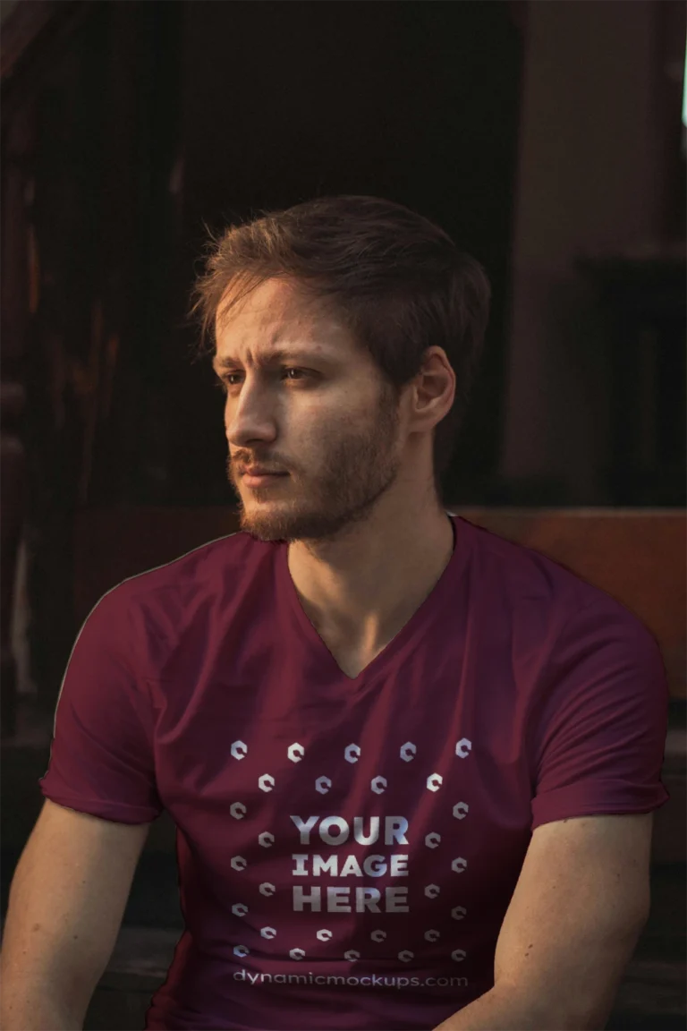 Man Wearing Maroon T-shirt Mockup Front View Template