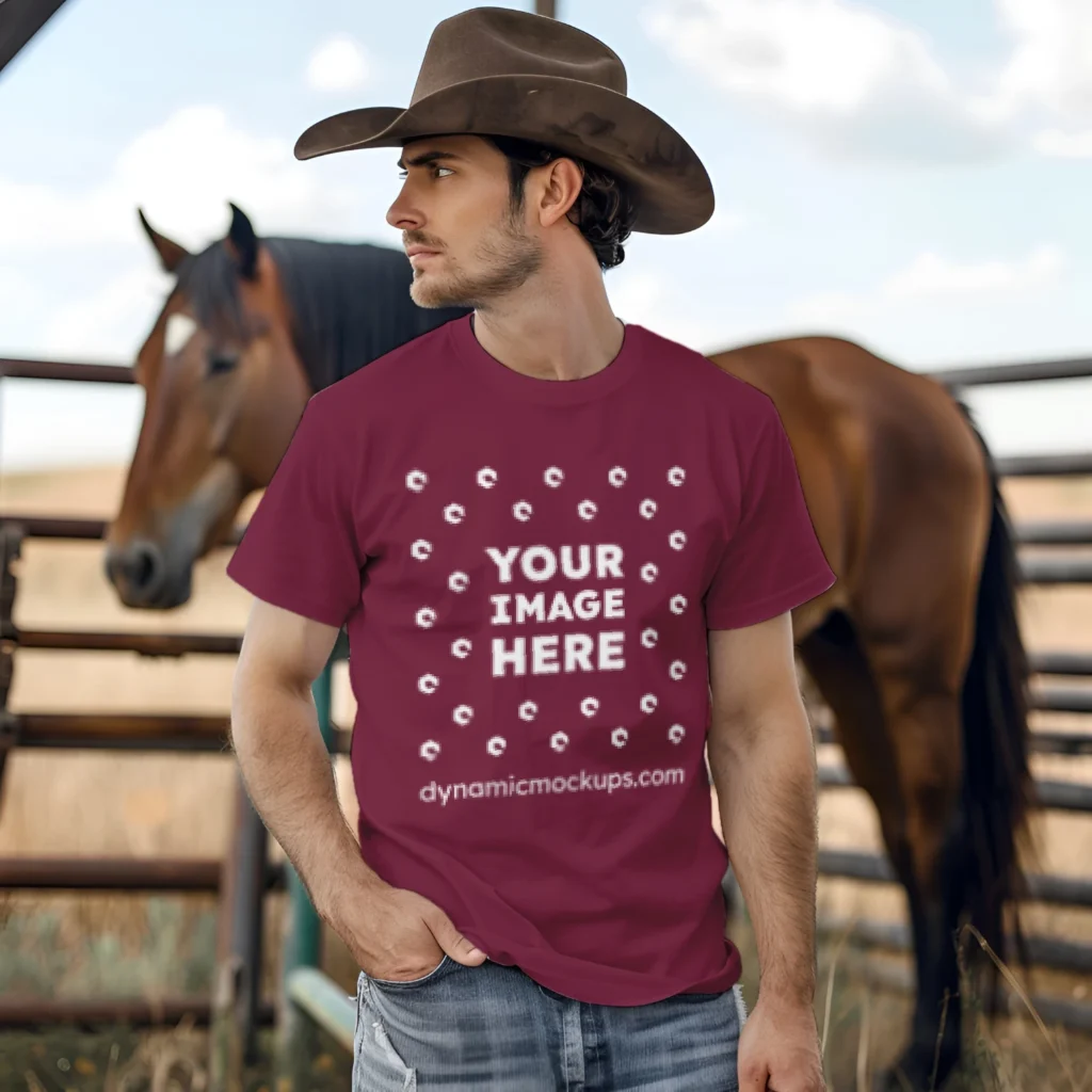 Man Wearing Maroon T-shirt Mockup Front View Template