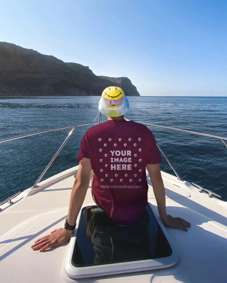 Man Wearing Maroon T-shirt Mockup Back View Template