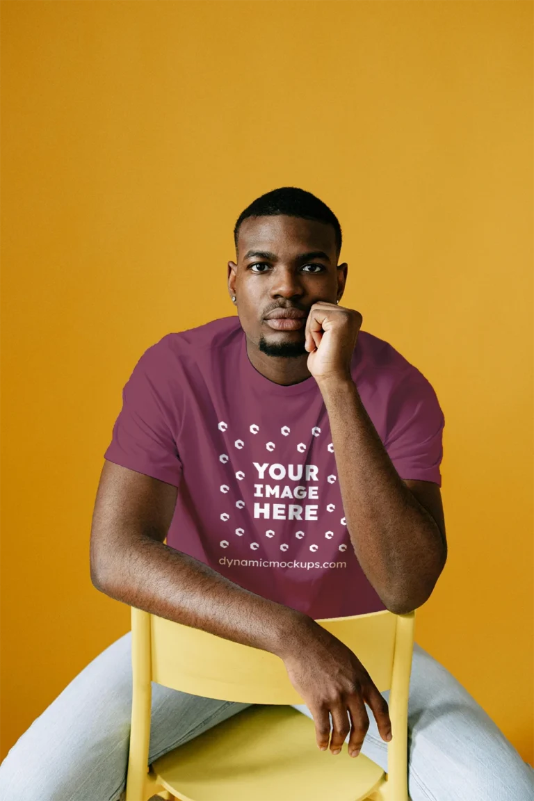 Man Wearing Maroon T-shirt Mockup Front View Template