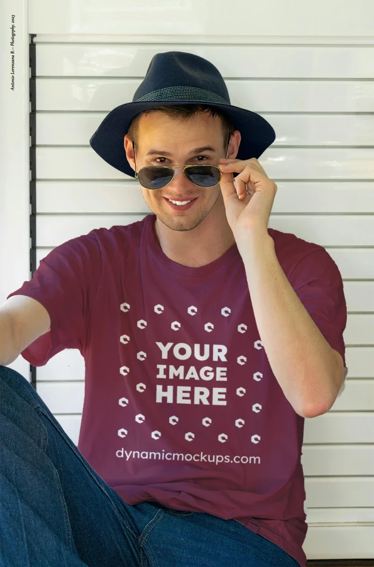 Man Wearing Maroon T-shirt Mockup Front View Template