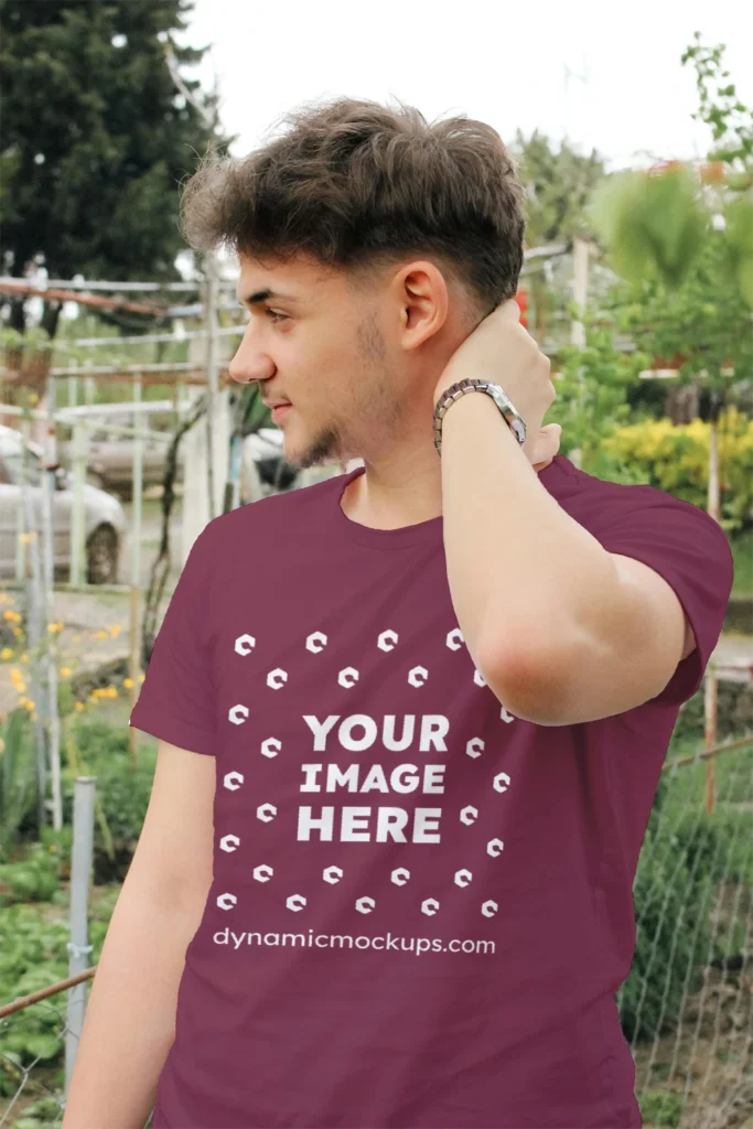 Man Wearing Maroon T-shirt Mockup Front View Template