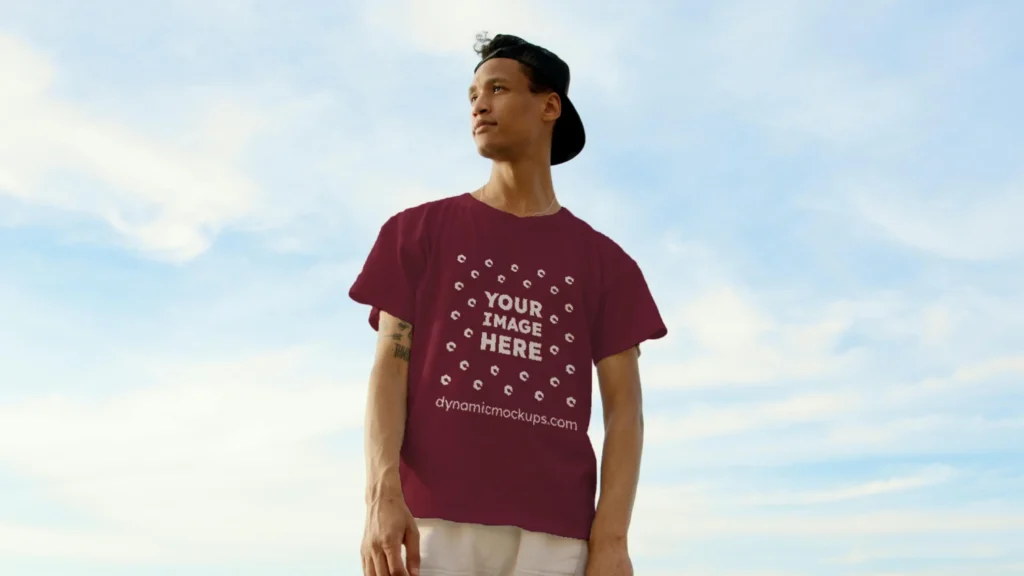 Man Wearing Maroon T-shirt Mockup Front View Template